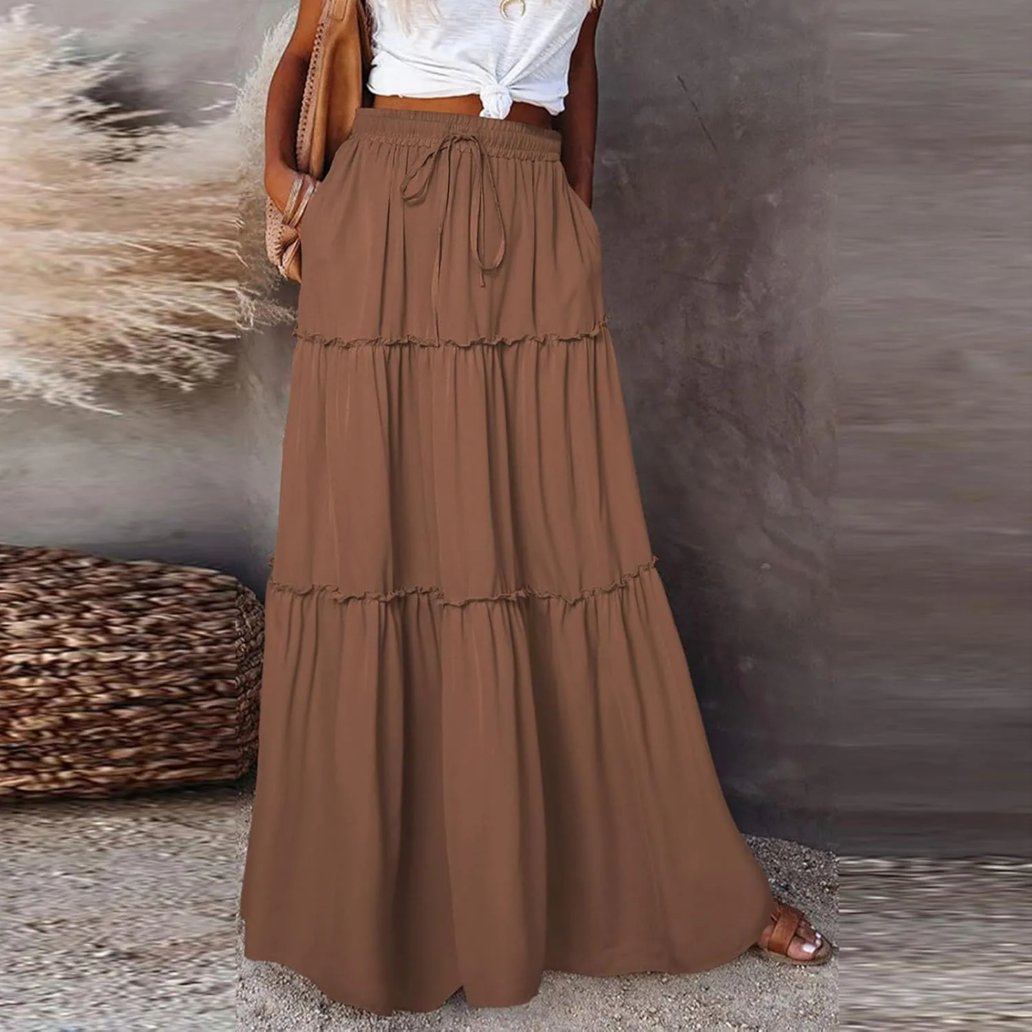 Women's Floral Print Midi Skirts 2025 Summer Aline Elastic High Waist Pleated Flowy Long Skirt Pockets Cute Skirts
