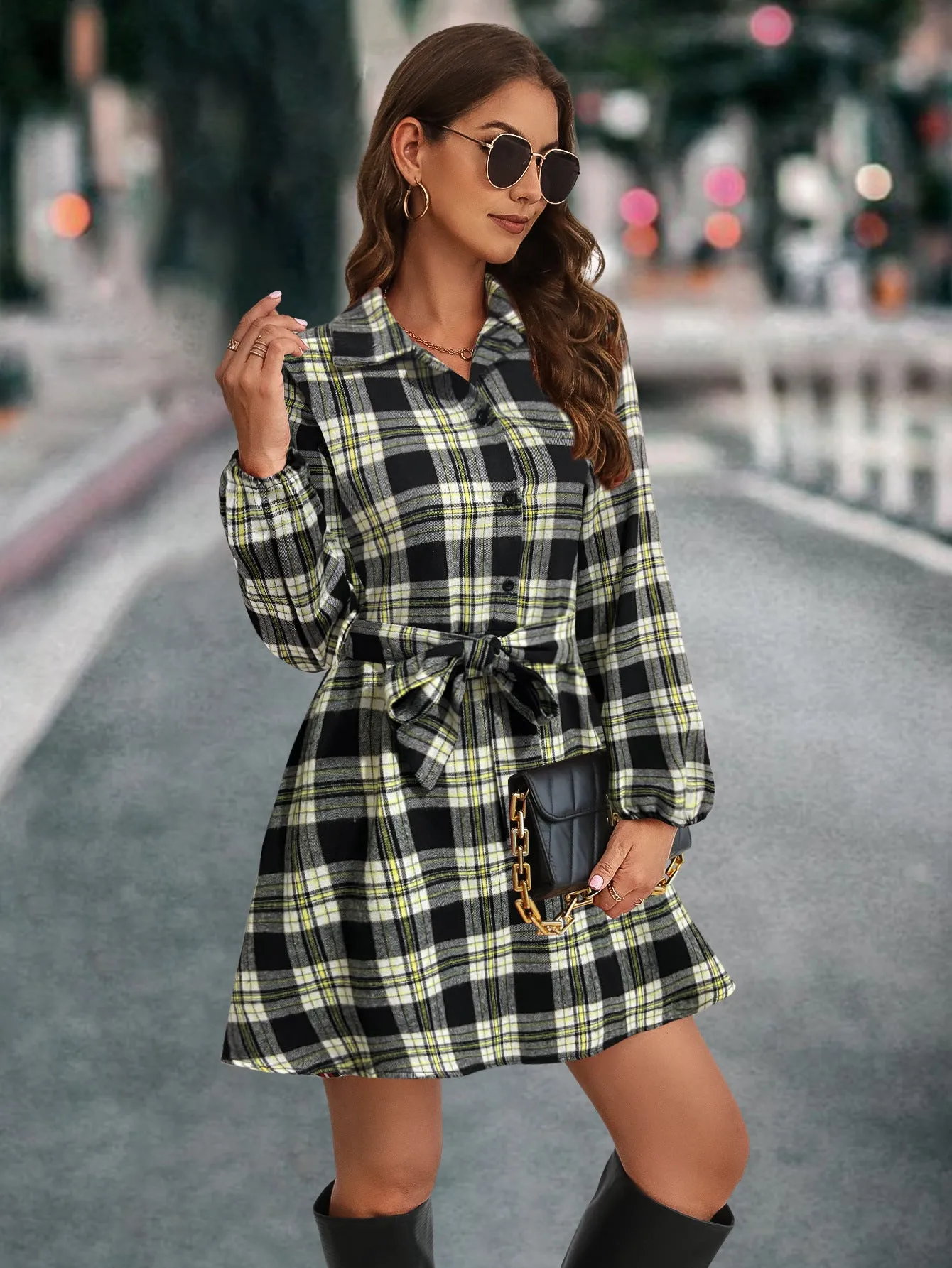 Women's Lantern Sleeve Plaid Shirt Dress