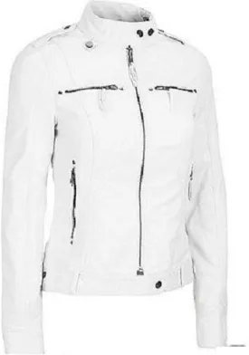 Women's Leather Jacket Motorcycle Quilted Bomber Stylish Biker Outerwear White Real Leather Jacket Women