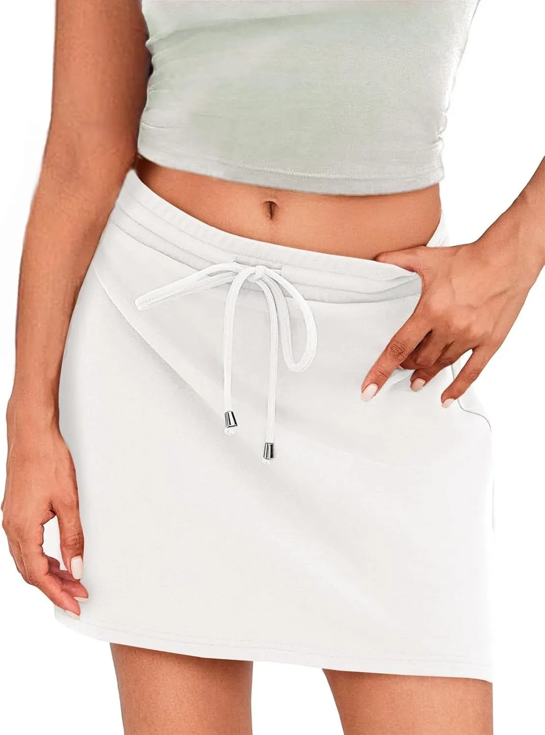 Women's Mini Skirt Summer White Black Drawstring High Waist Short Pencil Skirts Athletic Flowy Skirt