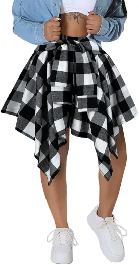 Women's Plaid Skirts High Waisted Knot Front Asymmetrical Hem Mini Skater Skirt