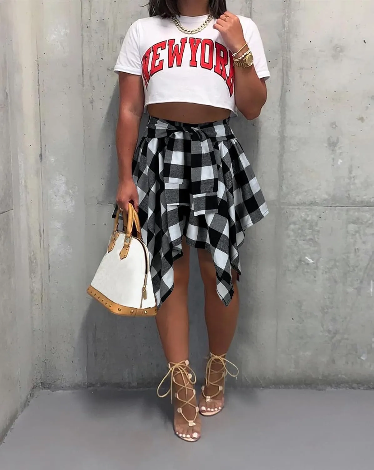 Women's Plaid Skirts High Waisted Knot Front Asymmetrical Hem Mini Skater Skirt