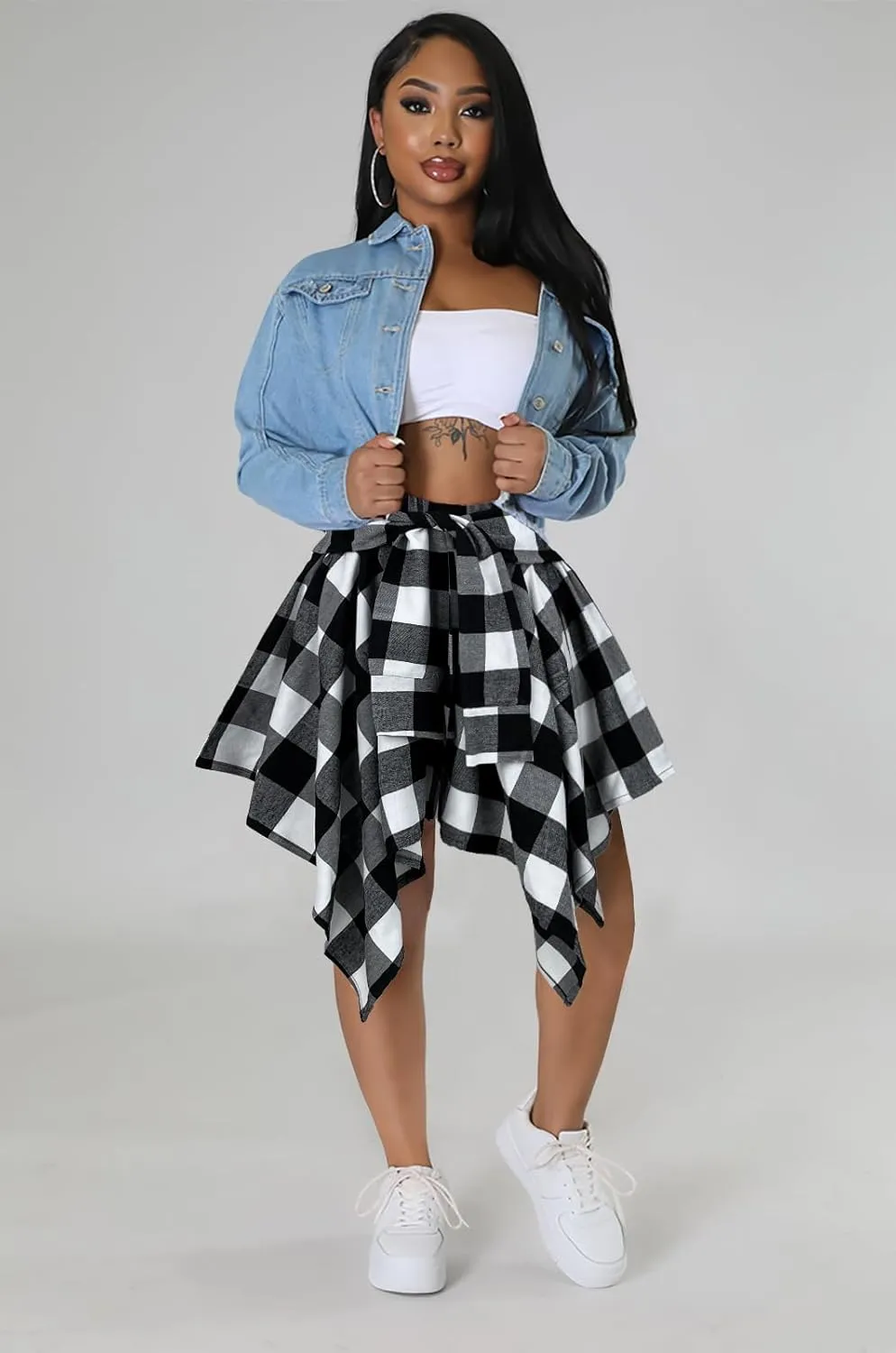 Women's Plaid Skirts High Waisted Knot Front Asymmetrical Hem Mini Skater Skirt