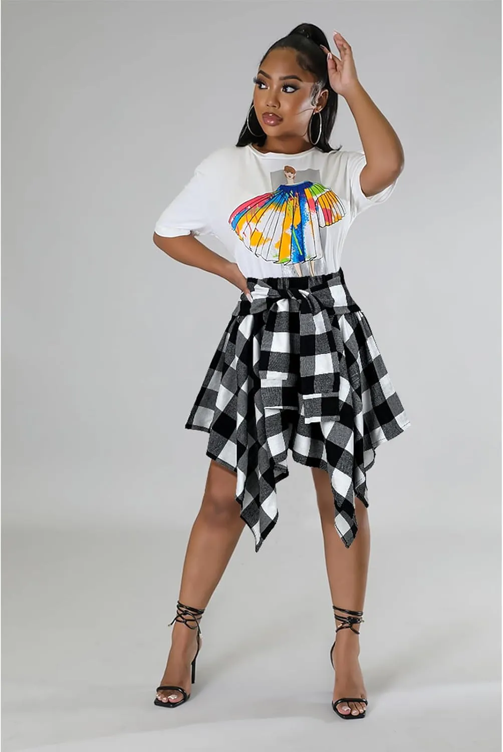 Women's Plaid Skirts High Waisted Knot Front Asymmetrical Hem Mini Skater Skirt