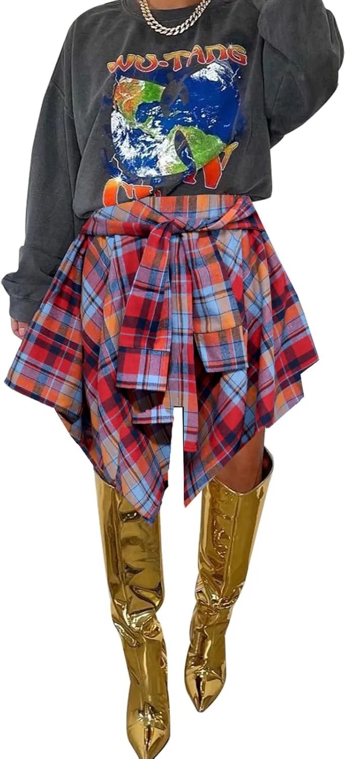 Women's Plaid Skorts Skirts - High Waisted Tie Front Pleated Summer Asymmetrical Skirt with Shorts