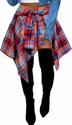 Women's Plaid Skorts Skirts - High Waisted Tie Front Pleated Summer Asymmetrical Skirt with Shorts
