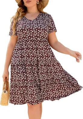 Women's Plus Size Casual Summer Tiered Dresses Short Sleeve Scoop Neck Ruffle Hem Loose Fitting Midi Babydoll Dress