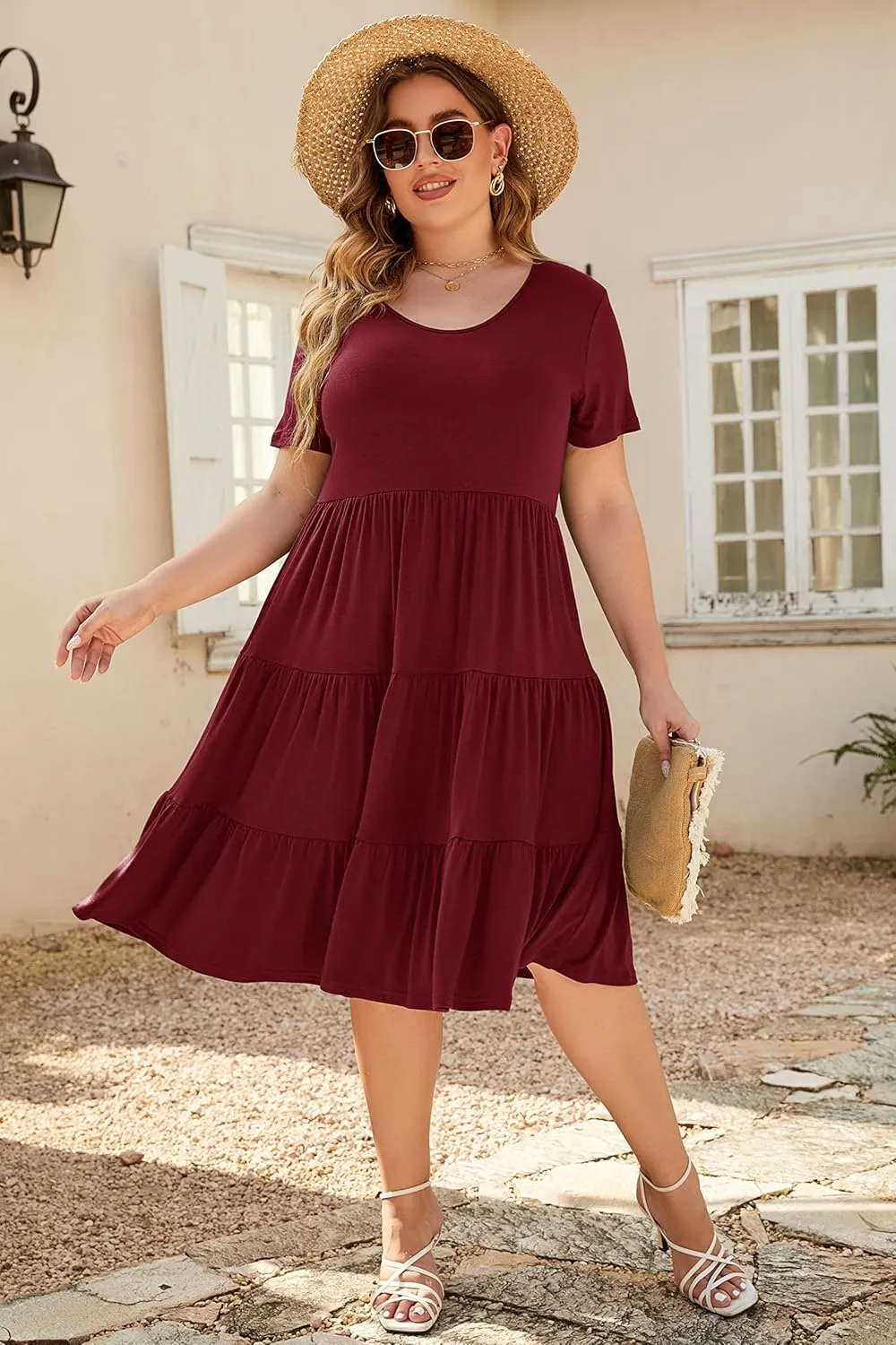 Women's Plus Size Casual Summer Tiered Dresses Short Sleeve Scoop Neck Ruffle Hem Loose Fitting Midi Babydoll Dress