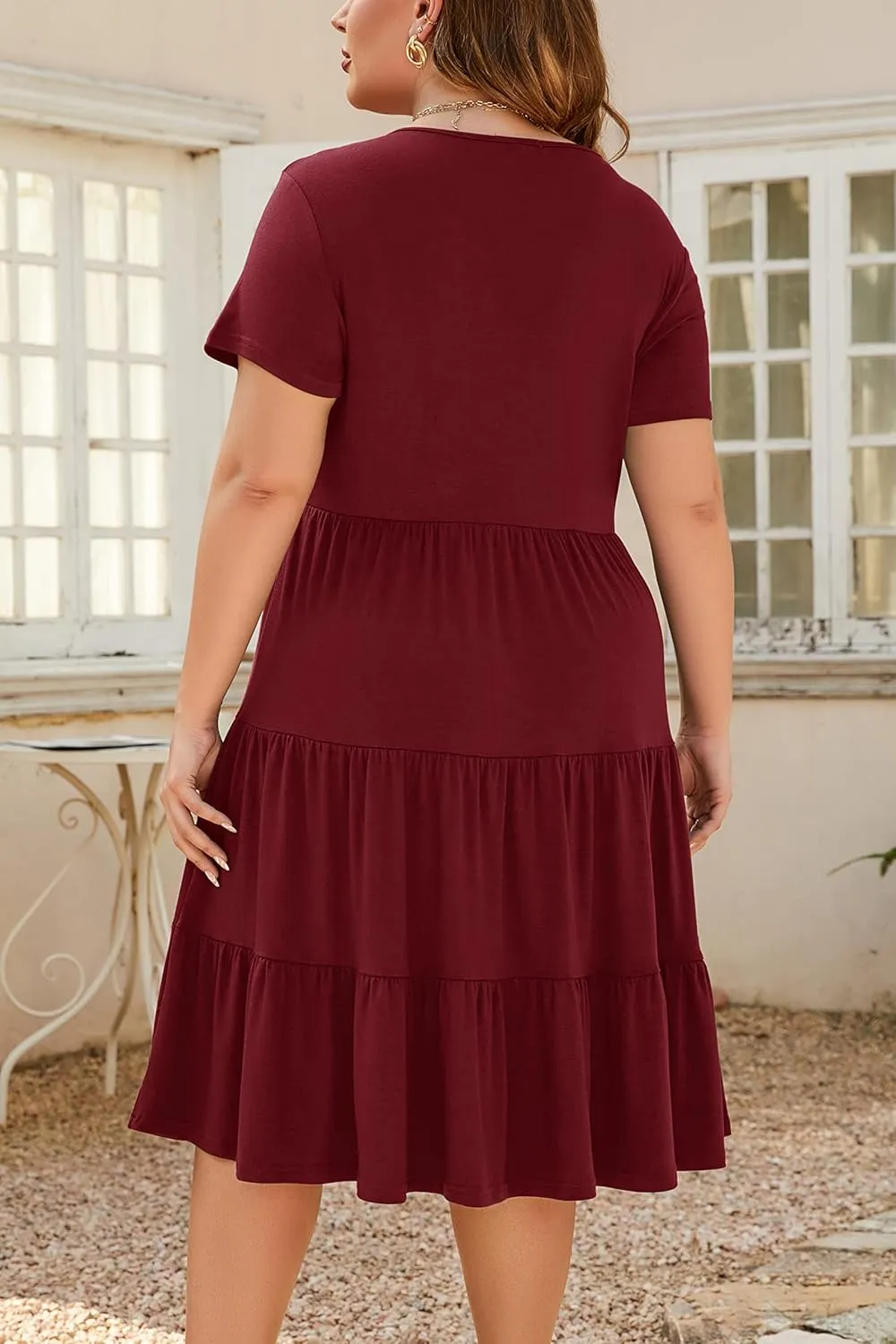 Women's Plus Size Casual Summer Tiered Dresses Short Sleeve Scoop Neck Ruffle Hem Loose Fitting Midi Babydoll Dress
