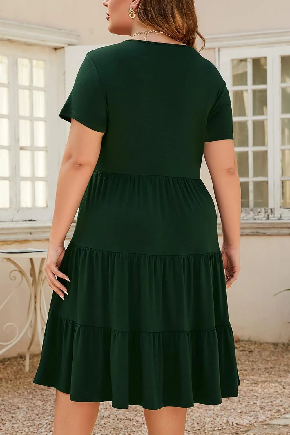 Women's Plus Size Casual Summer Tiered Dresses Short Sleeve Scoop Neck Ruffle Hem Loose Fitting Midi Babydoll Dress