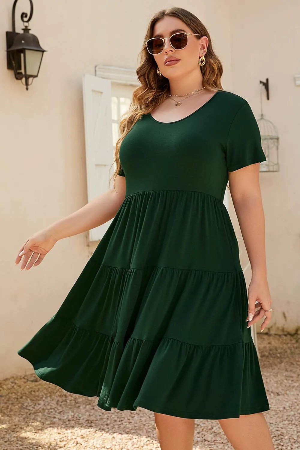 Women's Plus Size Casual Summer Tiered Dresses Short Sleeve Scoop Neck Ruffle Hem Loose Fitting Midi Babydoll Dress