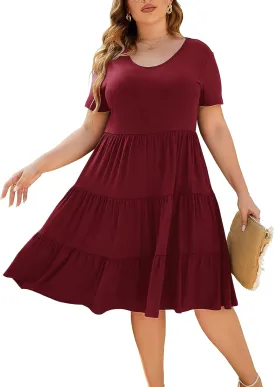 Women's Plus Size Casual Summer Tiered Dresses Short Sleeve Scoop Neck Ruffle Hem Loose Fitting Midi Babydoll Dress