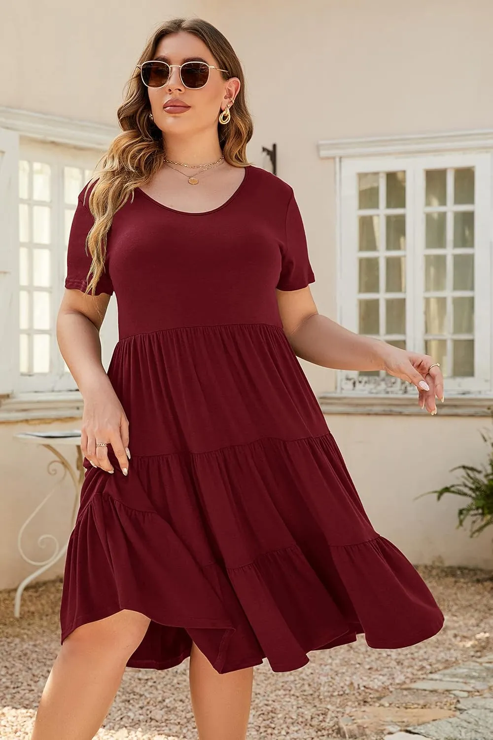 Women's Plus Size Casual Summer Tiered Dresses Short Sleeve Scoop Neck Ruffle Hem Loose Fitting Midi Babydoll Dress