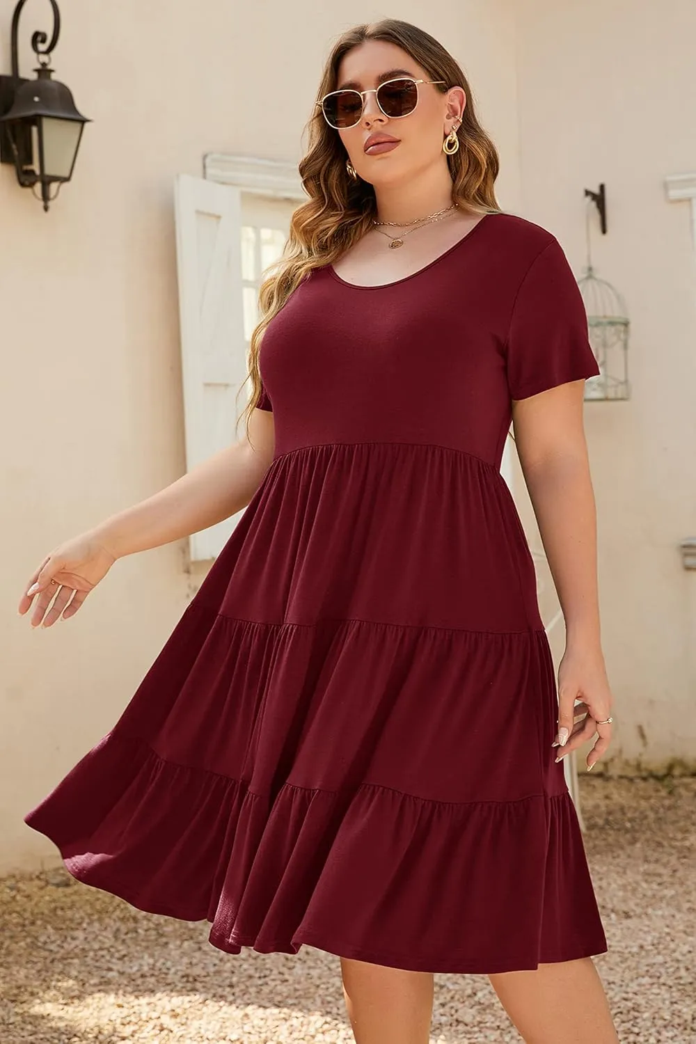 Women's Plus Size Casual Summer Tiered Dresses Short Sleeve Scoop Neck Ruffle Hem Loose Fitting Midi Babydoll Dress