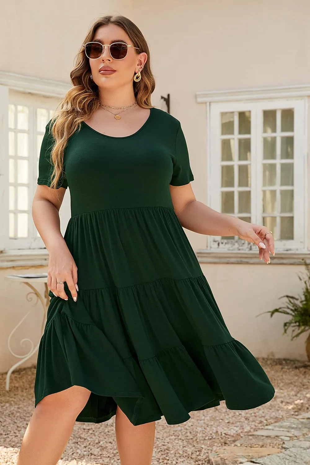 Women's Plus Size Casual Summer Tiered Dresses Short Sleeve Scoop Neck Ruffle Hem Loose Fitting Midi Babydoll Dress