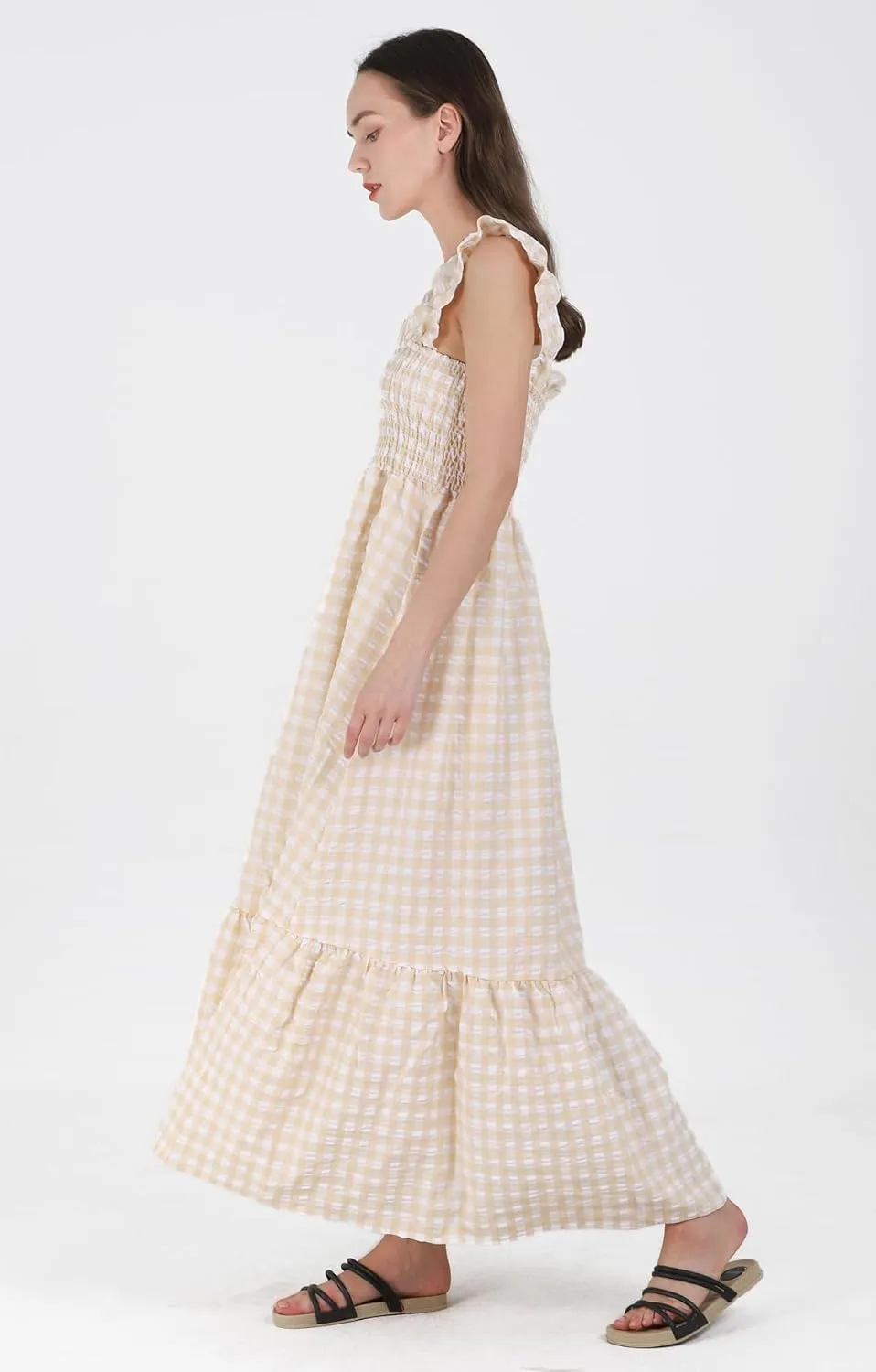 Women's Sleeveless Strap Retro Plaid A-Line Smocked Maxi Long Dress with Ruffled Hem