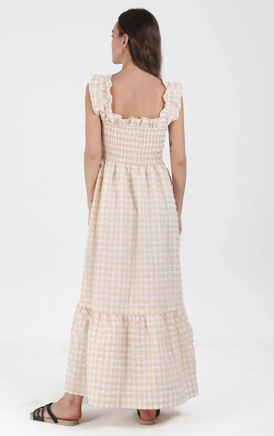 Women's Sleeveless Strap Retro Plaid A-Line Smocked Maxi Long Dress with Ruffled Hem
