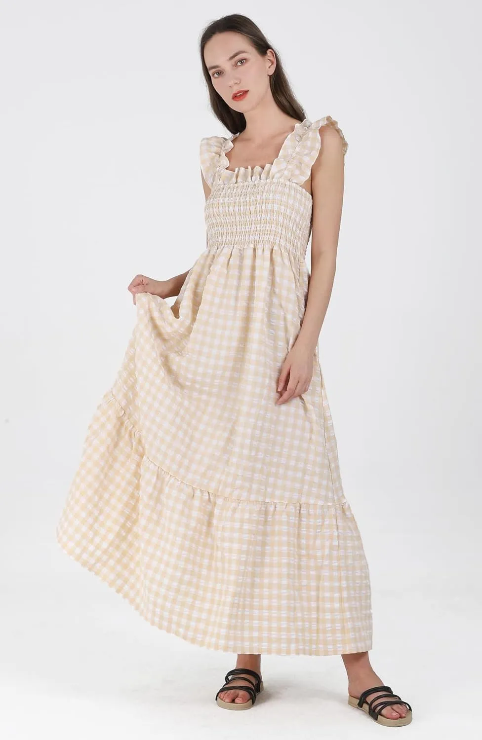 Women's Sleeveless Strap Retro Plaid A-Line Smocked Maxi Long Dress with Ruffled Hem