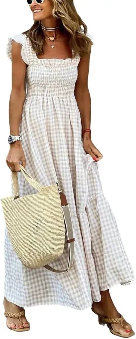 Women's Sleeveless Strap Retro Plaid A-Line Smocked Maxi Long Dress with Ruffled Hem