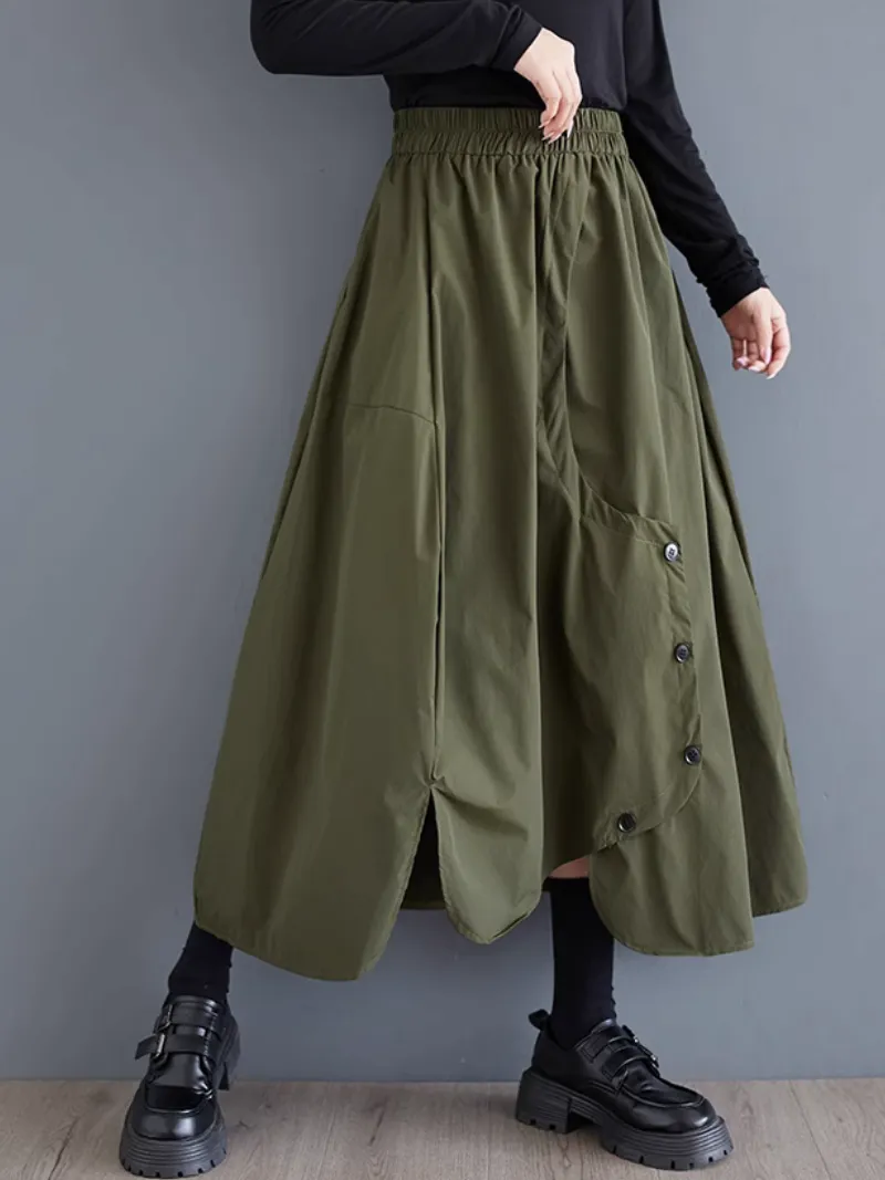Women’s Stylish Pleated Button Style Side Pockets Skirt