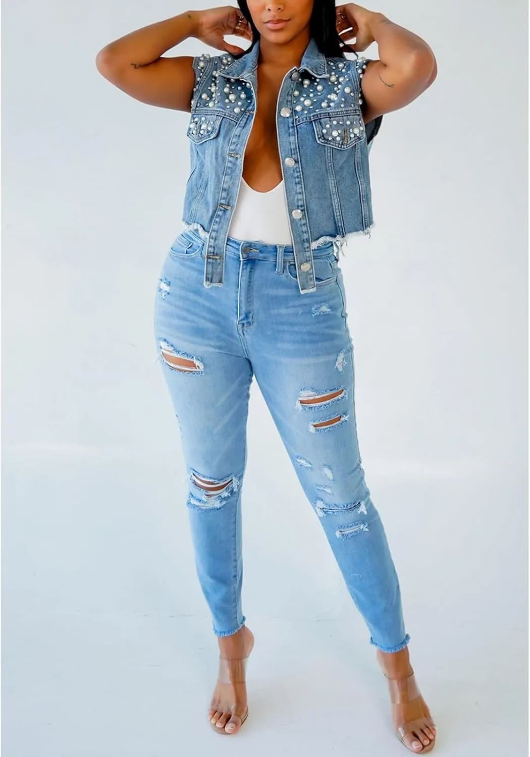 Women's Summer Cropped Denim Vest Classic Sleeveless Pearls Button Down Raw Edge Jean Jacket Shacket