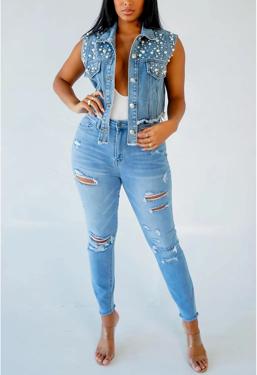 Women's Summer Cropped Denim Vest Classic Sleeveless Pearls Button Down Raw Edge Jean Jacket Shacket