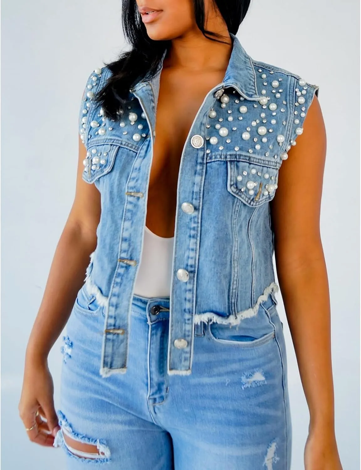 Women's Summer Cropped Denim Vest Classic Sleeveless Pearls Button Down Raw Edge Jean Jacket Shacket