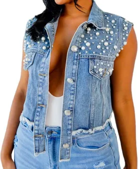 Women's Summer Cropped Denim Vest Classic Sleeveless Pearls Button Down Raw Edge Jean Jacket Shacket