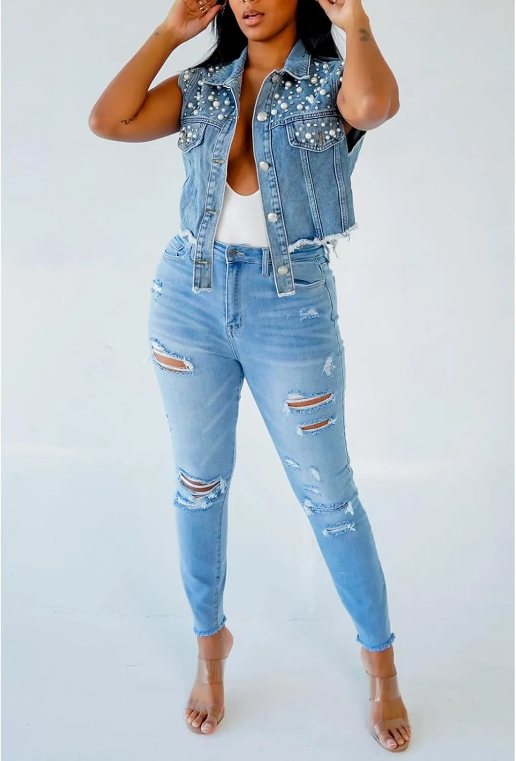 Women's Summer Cropped Denim Vest Classic Sleeveless Pearls Button Down Raw Edge Jean Jacket Shacket