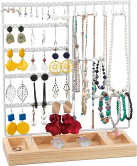 X-cosrack Earring Holder, 5-Tier Jewelry Organizer with Wooden Tray, 132 Holes, White Natural